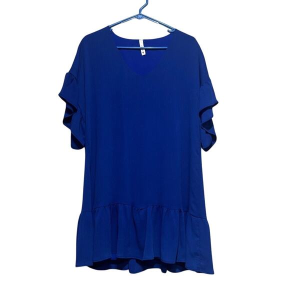 Tyche Dresses & Skirts - Tyche Womens M Royal Blue Ruffle Sleeve V-Neck Crepe Mini Dress Flounce Hem Chic